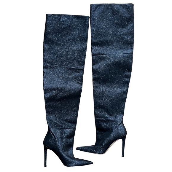 Good American NEW‎ Slouch Over the Knee Black Glitter Stiletto Heel Boots 7 - Picture 4 of 13